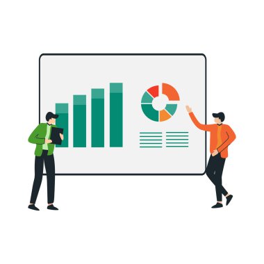 İstatistik ve grafik vektör çizimine sahip genç iş çifti