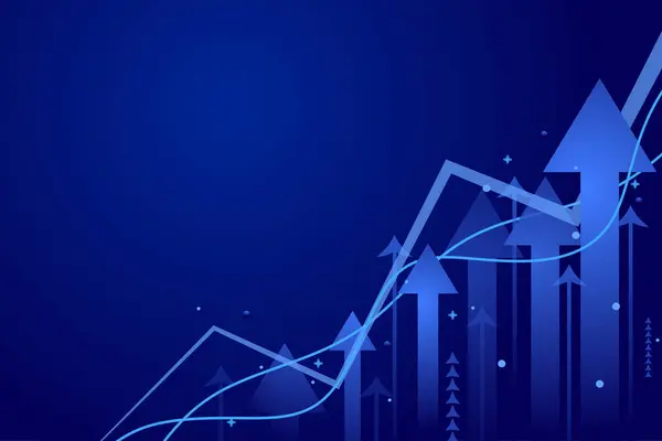 Büyüyen soyut ok grafik başarısı mavi vektör arkaplanı. Borsa yatırım verileri ve analiz finans grafiği. Yükselen ok grafiği ile işletme mali tablosu.
