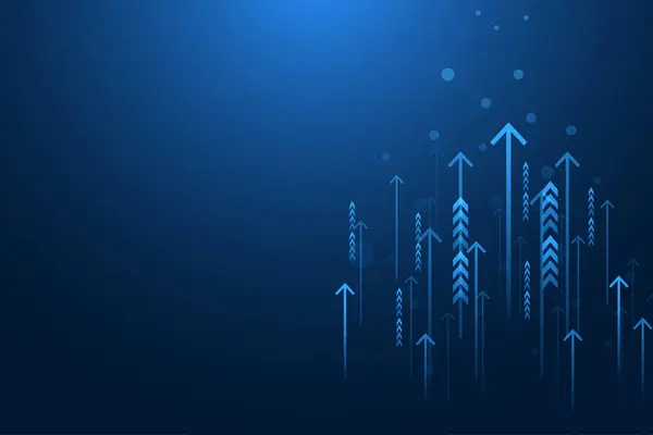 İş okları koyu mavi arka planda büyüme teknolojisini arttırıyor. İş geliştirme başarıya, kâra ve büyüyen büyüme planına.