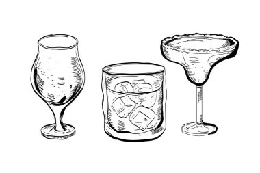 Cam el yapımı kokteyller ve alkollü içecekler hazırla. Çizim.