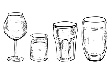 Bir bardak içki ve şampanya bardaklarıyla dolu. vektör