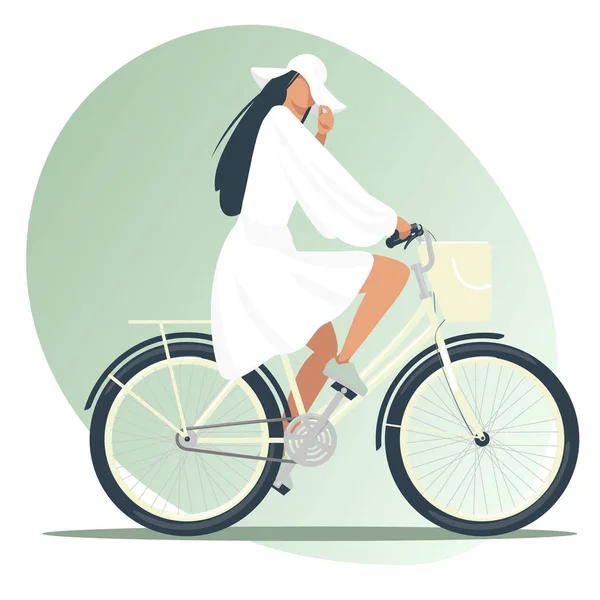 夏服の美しい女の子は バスケットで自転車に乗るドレス 夏の散歩 自転車にサンドレスに帽子 女の子はサイクリストです フラットスタイルでかわいいイラスト — ストックベクタ