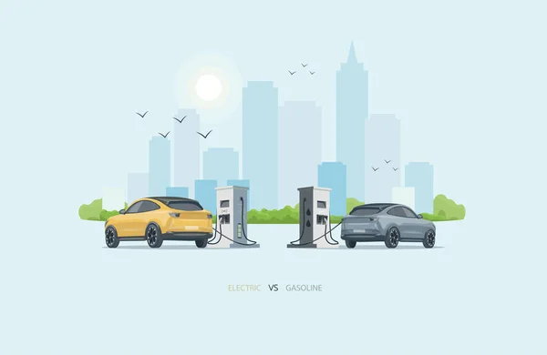 Porównanie Elektrycznych Benzynowych Samochodów Silnikiem Wysokoprężnym Ładowanie Elektrycznego Samochodu Stanowisku — Wektor stockowy
