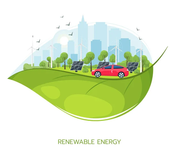 Das Konzept Der Erneuerbaren Energien Elektroautos Sonnenkollektoren Und Windräder Sind — Stockvektor