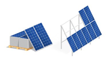 Güneş panelleri için zemin metal yapısı. Paletin üzerindeki güneş panelleri. Modern alternatif eko-yeşil, yenilenebilir enerji. Vektör Düz izometrik illüstrasyon.