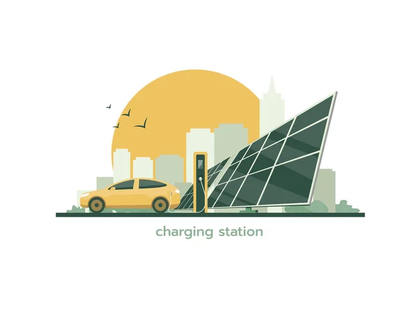 Elektroautos Laden Auf Ladestation Und Sonnenkollektoren Vor Dem Hintergrund Des — Stockfoto