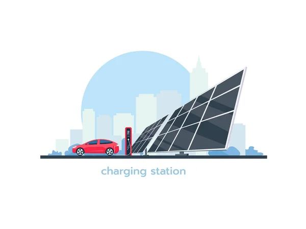 电动汽车在充电 充电站和太阳能电池板背景的城市景观 替代电力生产的概念 电动车 — 图库照片