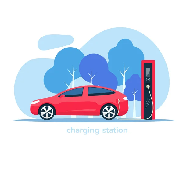 電気自動車が充電中です 充電ステーション付き電気自動車 電気自動車を充電するという概念 再生可能エネルギー 電気自動車のイラスト — ストック写真