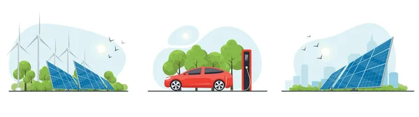 Saubere Energie Von Set Elektroauto Mit Ladestation Wind Und Solarenergie — Stockfoto