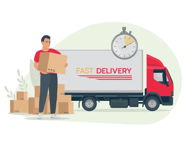 Fast Delivery Concept Courier Delivers Box Express Delivery Applications Websites — Stock Vector