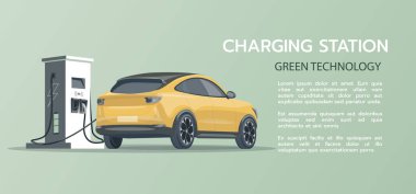 Şarj istasyonunda elektrikli arabalı yatay afiş. Elektrikli araba şarj etme kavramı..