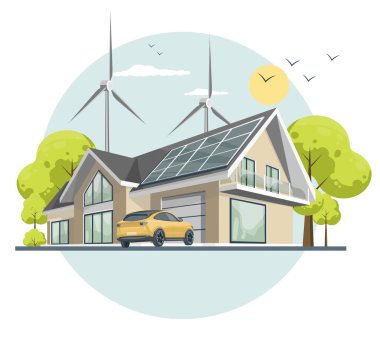 Alternatif elektro-yazılar. Modern bir evin tasviri. Çatı katındaki güneş panelleri ve doğa arka planında rüzgar türbinleri. Evin yakınında elektrikli bir araba var. Güneş enerjisi vektör kavramı
