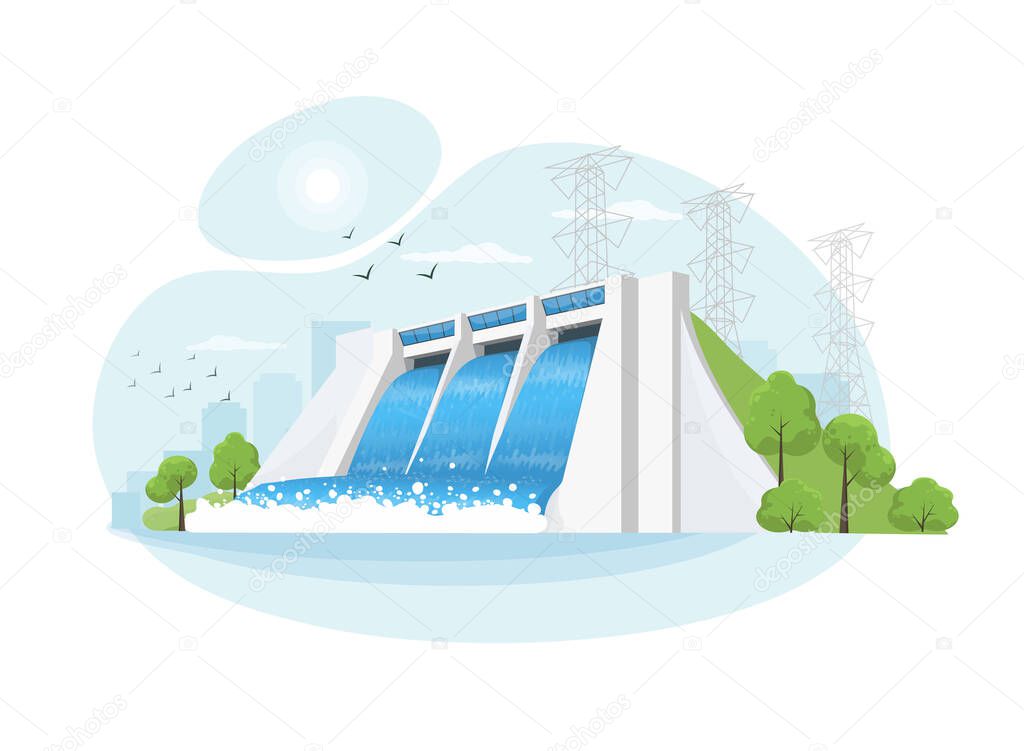 Hydroelectric clean power plant station factory. Renewable green sustainable hydropower energy generation with water flowing out reservoir dam. High-voltage power lines. Isolated vector illustration