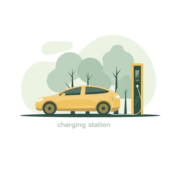 电动汽车在充电 带充电站的电动车 给电动汽车充电的概念 隔离矢量图解电动车 — 图库矢量图片