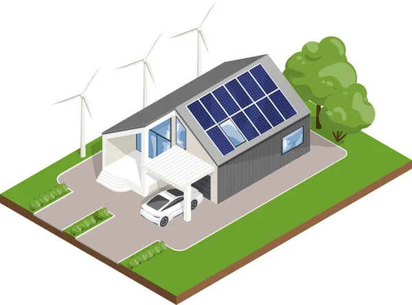 Solarzellen Auf Dem Dach Erneuerbare Energien Einfamilienhaus Isolierter Vektor Isometrische — Stockvektor