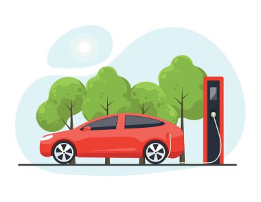 Elektrikli araba şarj oluyor. Elektrikli araba ve şarj istasyonu. Elektrikli araba konsepti. İzole vektör illüstrasyon elektrikli araç.