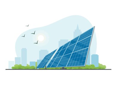 Doğanın arka planında güneş panelleri. Alternatif elektrik üretimi ve güneş enerjisi üretimi kavramı. Vektör illüstrasyonu