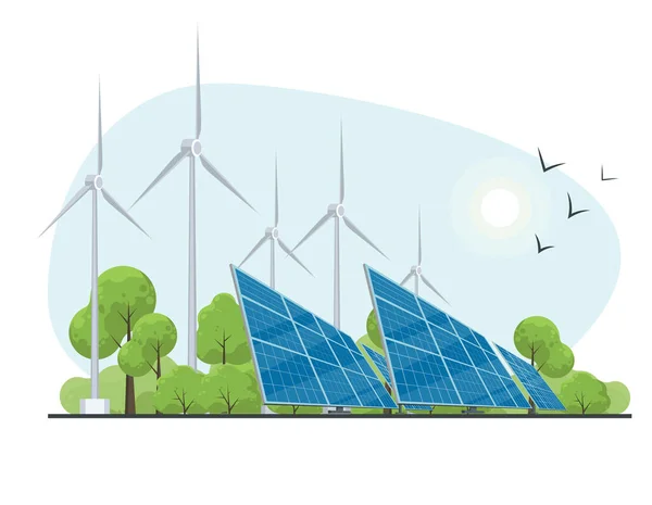 Geração Eólica Solar Painéis Solares Turbinas Eólicas Fundo Natureza —  Vetores de Stock