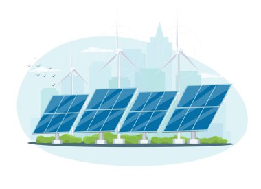 Rüzgar ve güneş jenerasyonu. Güneş panelleri ve rüzgar türbinleri arka planda. Alternatif elektrik üretimi kavramı..