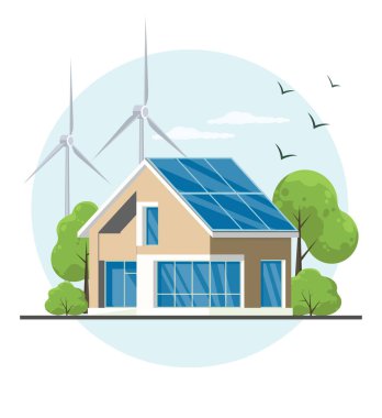 Alternatif elektrik. Rüzgar ve güneş jenerasyonu. Çatıdaki güneş panelleri ve doğa arka planında rüzgar türbinleri.