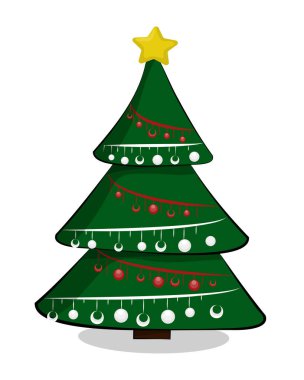 Noel ağacı. Noel ağacı toplar ve bir Noel yıldızıyla süslenmiş. Bir Noel ağacının vektör illüstrasyonu.