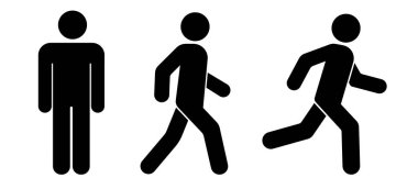 Hareket halindeki, yürüyen ve koşan bir kişinin siyah vektör piktogramları. Yürüyen, Koşan, Ayakta Duran insan sembolü. Yaya vektörü düz çizimi. Yürüyen siyah bir siluet..
