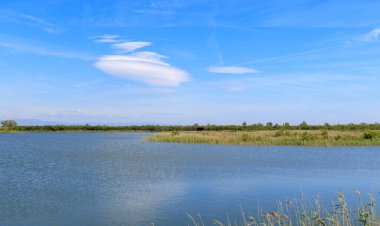 Mavi gökyüzündeki merceksi bulutlar, lagünün üzerindeki rüzgar tarafından oluşturuldu..