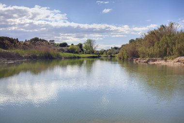 Arka planda bitki örtüsüyle suya yansıyan bulutlarla Senia Nehri