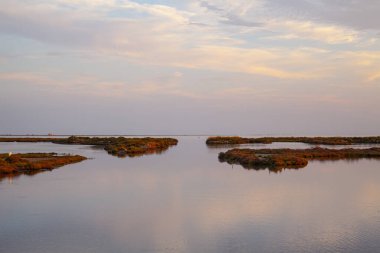 Gün batımında Ebro Delta Doğal Parkı, Katalonya, İspanya 'da bulutların suya yansıması.