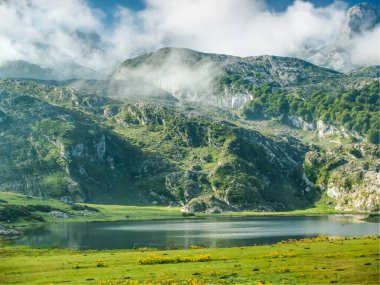 İspanya 'nın Asturias kentindeki Picos de Europa Doğal Parkı' ndaki Covadonga Gölü ve dağların tepesi manzaralı..