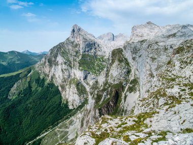 Cantabria 'daki Picos de Europa Milli Parkı' ndaki dağ zirvesi yeşil ve kaya kontrastı.