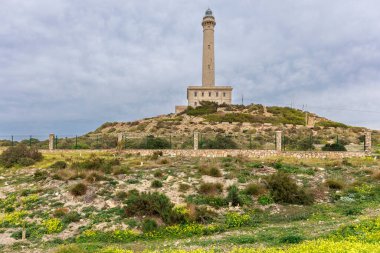 Cabo de Palos Deniz Feneri, La Manga del Mar Menor 'daki çiçekli evin üstünde. Murcia, İspanya