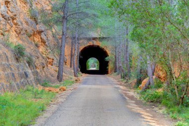 Turuncu kayalara oyulmuş küçük bir tünel ve girişinde ağaçlar var. Eski demiryolunun bir kısmı artık yeşil olarak hizmet veriyor.