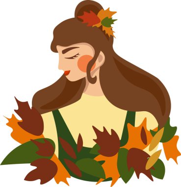  Sonbahar yapraklı kız. Vektör illüstrasyonu