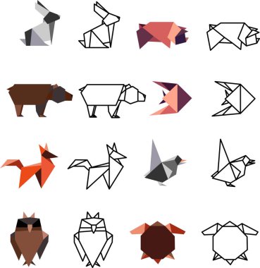  Origami tarzında geometrik hayvanlar. Vektör illüstrasyonu