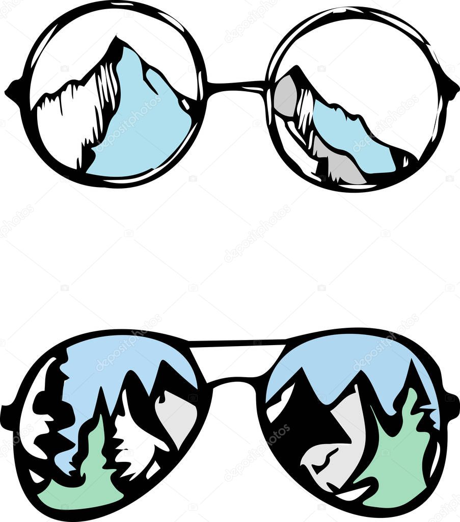 Glasses that reflect mountains and nature. Vector illustration
