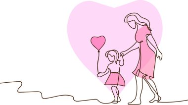  Anne ve kızı el ele yürüyorlar. Vektör illüstrasyonu