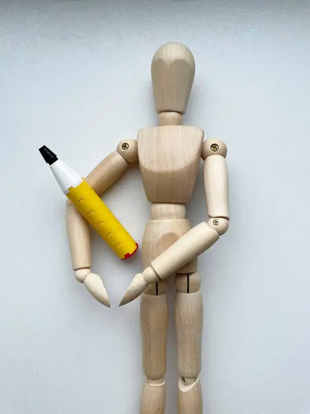 Wooden Puppet Holding Pencil Made Blocks High Quality Photo Stock Picture