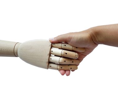  İnsan ve ahşap mankenin el sıkışması. Yüksek kalite fotoğraf