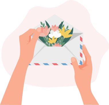  Elleri çiçekli bir zarf tutuyor. Vektör illüstrasyonu