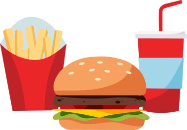  Fast food, hamburger, patates kızartması ve soda. Vektör illüstrasyonu