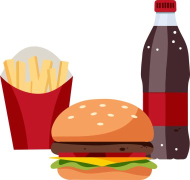  Fast food, hamburger, patates kızartması ve soda. Vektör illüstrasyonu