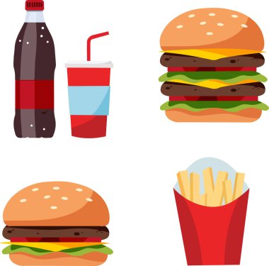  Fast food, hamburger, patates kızartması ve soda. Vektör illüstrasyonu