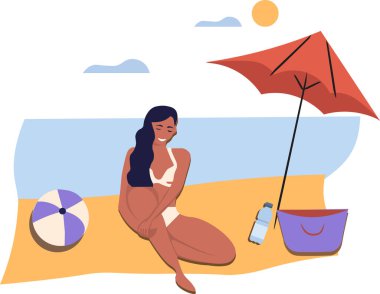  Kumsalda dinlenen bronzlaşmış bir kız. Vektör illüstrasyonu