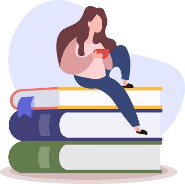  Kız büyük kitapların üzerinde oturuyor. Vektör illüstrasyonu