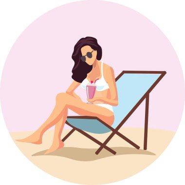  Genç bir kadın sahilde dinleniyor. Vektör illüstrasyonu