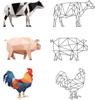  Geometrik hayvanları ayarla: domuz, inek, horoz. Vektör illüstrasyonu