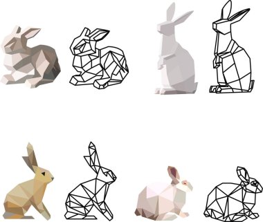  Geometrik set tavşan ve üçgenden yapılmış tavşan. Vektör illüstrasyonu