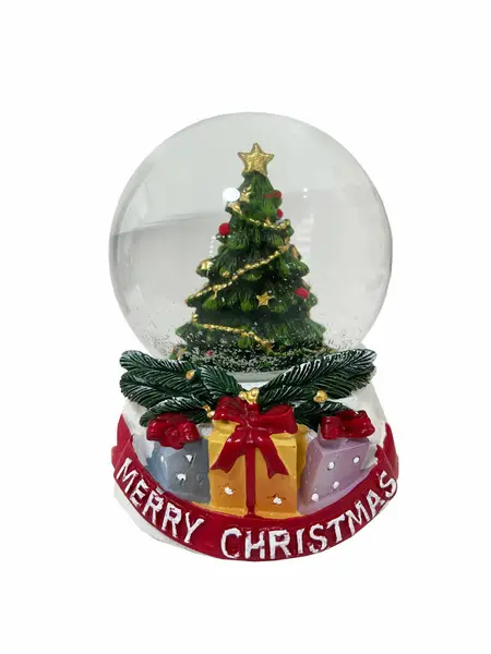  Karlı cam bir kürenin içindeki Noel ağacı. Yüksek kalite fotoğraf
