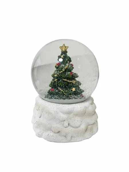  Karlı cam bir kürenin içindeki Noel ağacı. Yüksek kalite fotoğraf